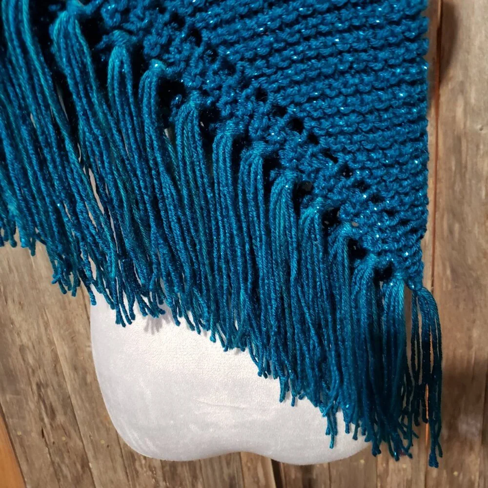 NEW Metallic Hand Knit Shawl‎ Wrap Scarf Boho Hippie Glam Artsy Indie Teal Blue